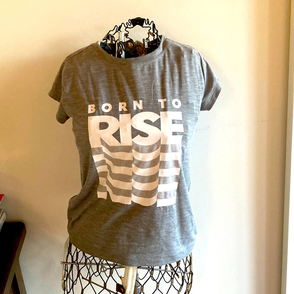 Grey t-shirt with white print. From athleta girl. Size